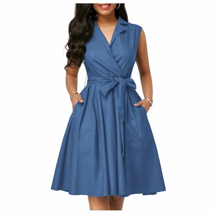 ROBE Solide taille sans manches revers dentelle a - line navetteur robe moyenne longue taille pour femmes Bleu