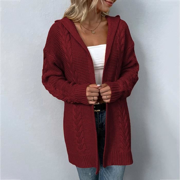 Gilet Femme Hiver Tricot Mi long A capuche Manches longues Casual