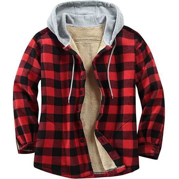 Chemise Flanelle Homme Hiver Capuche Manches Longues Doubl e