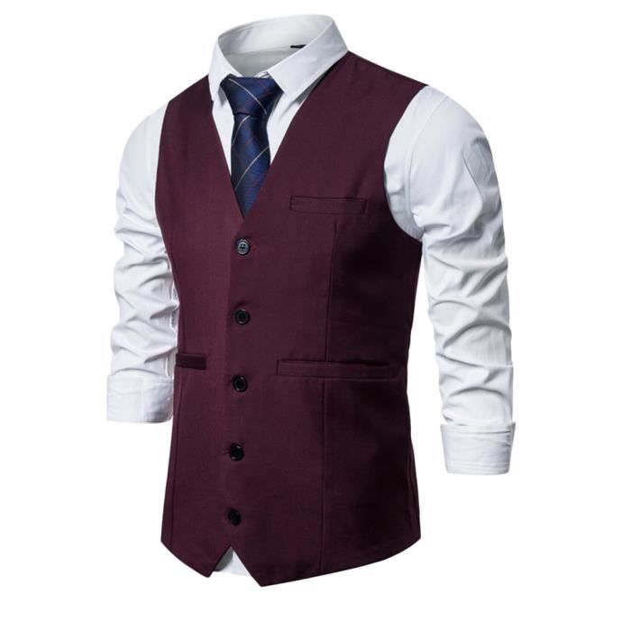 Gilet de Costume Homme Formel Classique Casual Gilets de Costume sans Manche pour Mariage Business Parti,Vin rouge