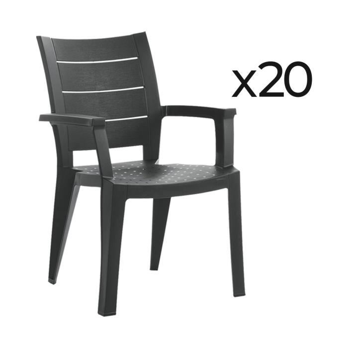 lot de 20 chaises de jardin empilables en résine pegane - gris - dossier haut et incurvé - 59x60x90cm