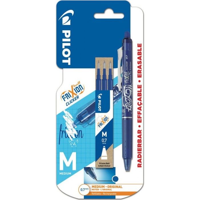 PILOT - Roller effacable + recharges- Frixion Ball Clicker bleu + 1 etui de  3 recharges Bleu - Pointe Moyenne - Encre Bleue