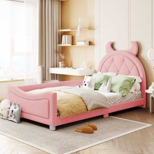 lit d'enfant rembourré,canapé-lit ,cadre en tissu peluche lit moelleux avec dossier lit de jeunesse lit d'appoint rose,90x200 cm