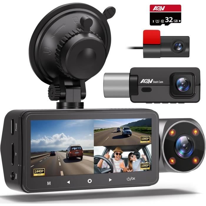 Dashcam Voiture Dual Avant + Intérieur 1080P FHD - Batterie Intégrée, Capteur G, Mode Parking, Vision Nocturne IR, Carte SD 64 Go Incluse