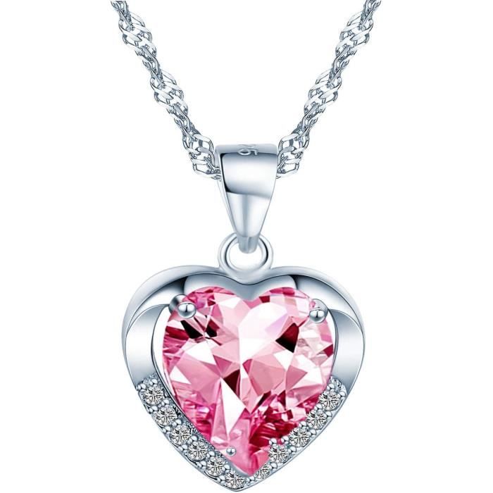 Collier Argent Sterling 925 Pierre Naissance Cœur Fleur Rose Cadeau Collier Pierre De Naissance Argent Sterling - Bijou Fleur Rose Coeur Pour Femme Collier Romantique Zirconium