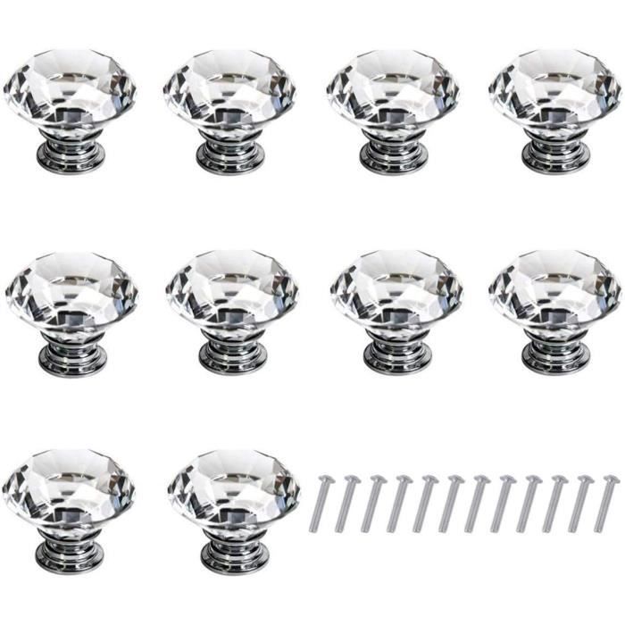 Lot De 10 Boutons De Tiroir En Cristal 32 Mm – Design Moderne, Vissés, Gris Et Blanc