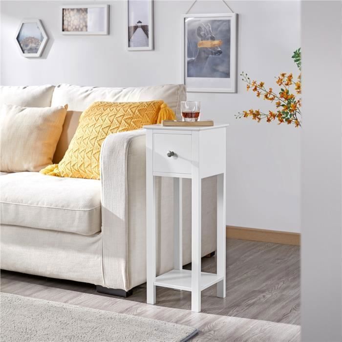 Yaheetech Table de Chevet Blanche Table dAppoint Haute Étroite 1 Tiroir 1 Éagère 25 x 25 x 70 cm Bout de Canapé Salon Chambre