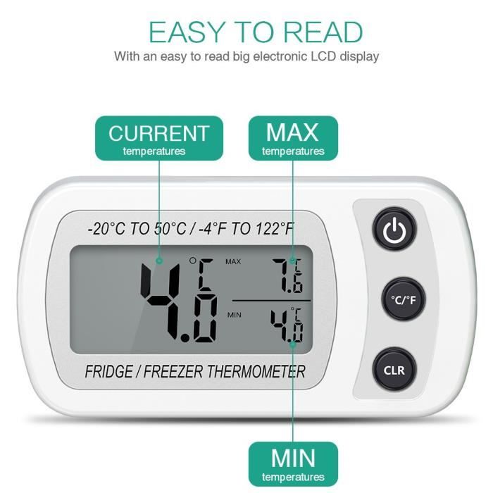 4 Thermomètres Numériques Frigo/Congélo - Écran LCD, Etanche IPX3, Min/Max - Blanc