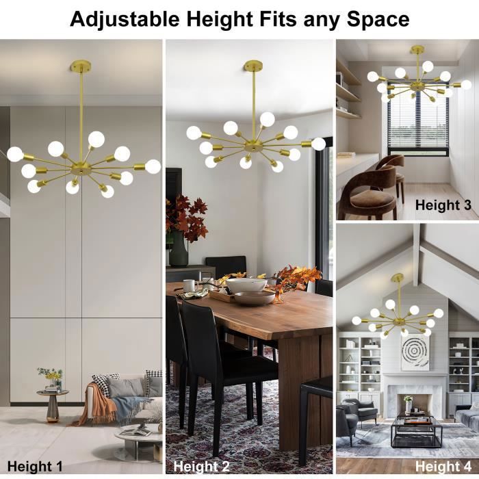Ganeed Lustre Encastré, Lustre D'or Moderne, 10 Lumières E27 Base Luminaire Suspendu Industriel Pour Chambre à Coucher Salon Cuisine - Maison