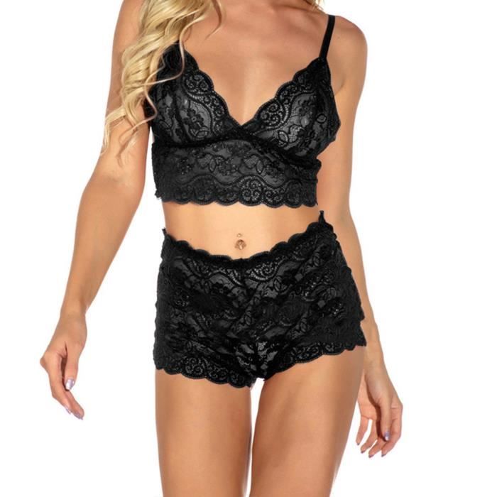 Sous vetements Sexy Femmes Dentelle Fleurs Perspective Soutien Gorge Short Pyjama Tenue n50467 Noir Cdiscount Pret a Porter