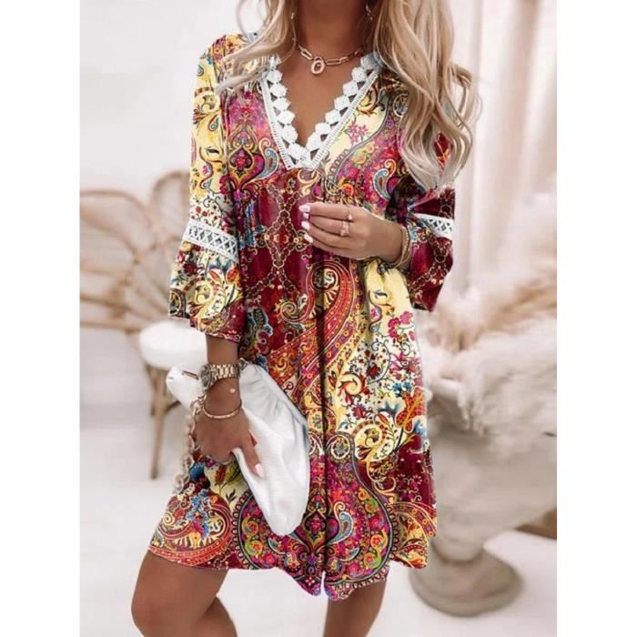 Robe Femme Ete Col V Robe Casual Manches 3 4 Robe Mi Longue Tunique A Line Robe Volant Florale Imprime Rouge XL Rouge Cdiscount Pret a Porter