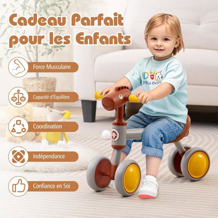 COSTWAY Draisienne Bébé PP – Siège Réglable 30-35 Cm – Vélo Équilibre Sans Pédale – 2 Roues EVA – Dès 18 Mois