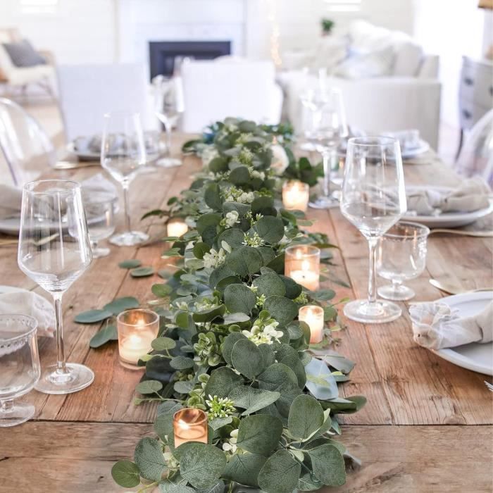 Lot De 2 Guirlandes Eucalyptus Artificiel 1,8m - Décoration Murale Avec Fleurs Blanches - Mariage, Salon, Table