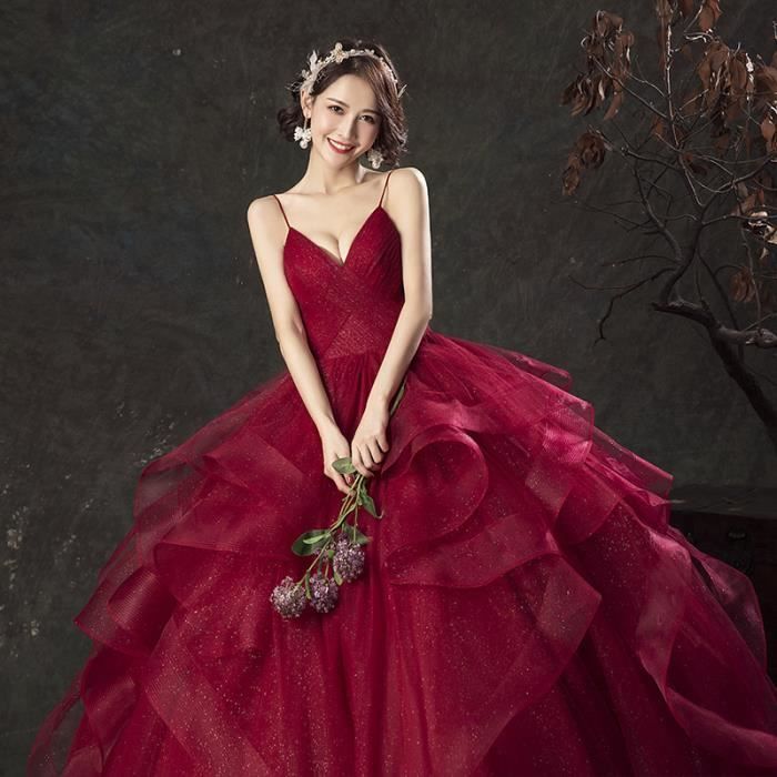 Robe de mariee rouge Mariage de la nouvelle mariee Robes Platrage du sein Col en V Bretelles Hepburn Maigre Jupe pompon Rouge Cdiscount Pret a Porter