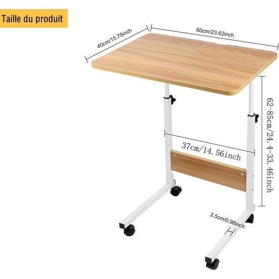 Table De Lit à Roulettes Réglable En Hauteur - 60x40cm - Bureau Mobile Pour Ordinateur - Blanc