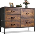 WLIVE Commode avec 5 tiroirs, organisateurs en tissu, idéale pour salon, placard, couloir, finition bois brun rustique.