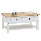 IDIMEX Table basse CAMPO rectangulaire en pin massif blanc et brun avec 2 tiroirs, dim 100 x 45 x 60 cm