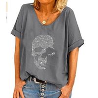 T-shirt imprimé tête de mort strass pour femme T-shirt ample  à manches courtes,Gris,XXL