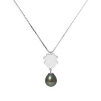 PERLINEA - Collier Trefle Perle de Culture de Tahiti A+ - Semi-Baroque 8-9 mm - Argent 925 Millièmes - Bijoux Femme