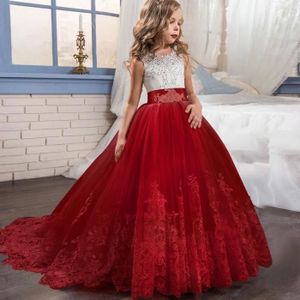 ROBE DE CÉRÉMONIE  Robes de Cérémonie Princesse Fille en Dentelle Sans Manches Robe Brodée Longue de Soirée Mariage 5-14 Ans-Rouge