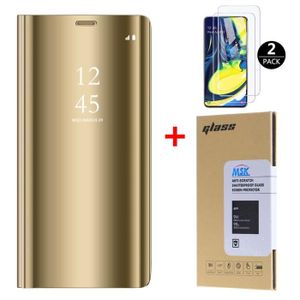 COQUE - BUMPER Coque Samsung A80 + [2 Pack] Verre trempé, Miroir Case Avec Stand Fonction Flip Protection Pour Samsung Galaxy A80 - D'or