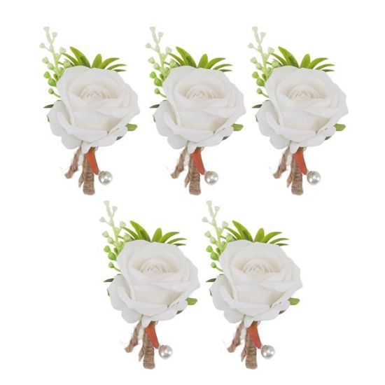 Lot De 2 Boutonnières Mariage Rose Blanche Artificielle - Corsage Élégant Fait Main Avec Perles Et Ruban, Épingle + Clip Pour Marié, Invités, Bal De Promo