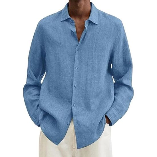 Chemise Homme Coton Lin Polo Slim Fit Casual Col en V Manche Longue Bleu