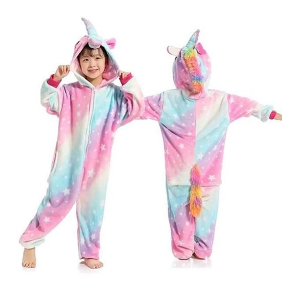 Pyjama Licorne Onesie Geekeo Enfant - Combinaison Flanelle à Capuche - 90-145cm - Déguisement Halloween Noël