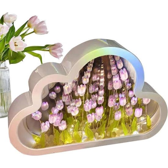 SURENHAP Veilleuse miroir tulipe Lampe tulipe miroir en forme de nuage de  tulipes, 20 fleurs roses, en plastique, piles deco poser