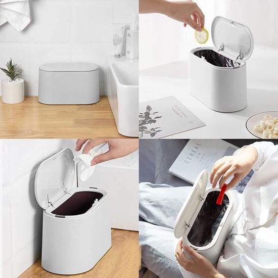 Poubelle De Table Avec Couvercle - Petite Corbeille Bureau, Cuisine, Salle De Bain - En Plastique Blanc Réutilisable - 6
