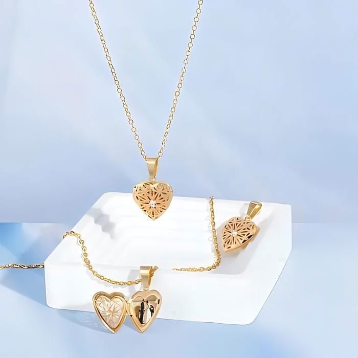 Collier Femme Chaîne et Pendentif Médaillon Coeur Porte