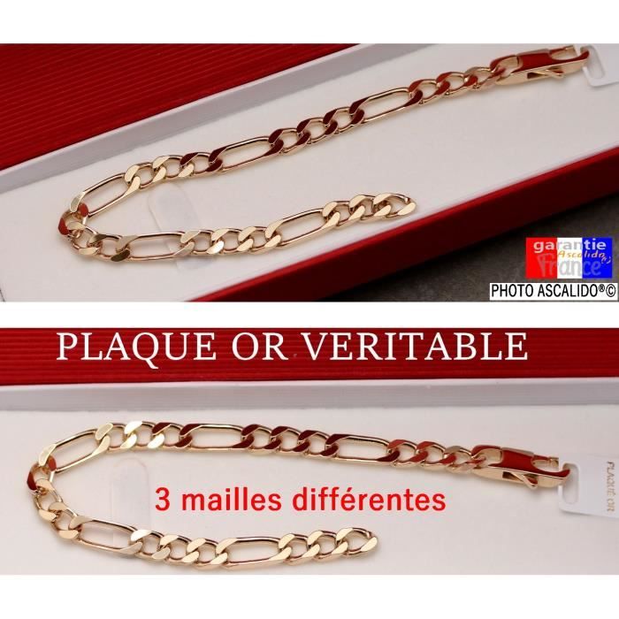 Bracelet gourmette pour homme en plaqué Or 18 carat véritable 21cm maille figaro 6mm