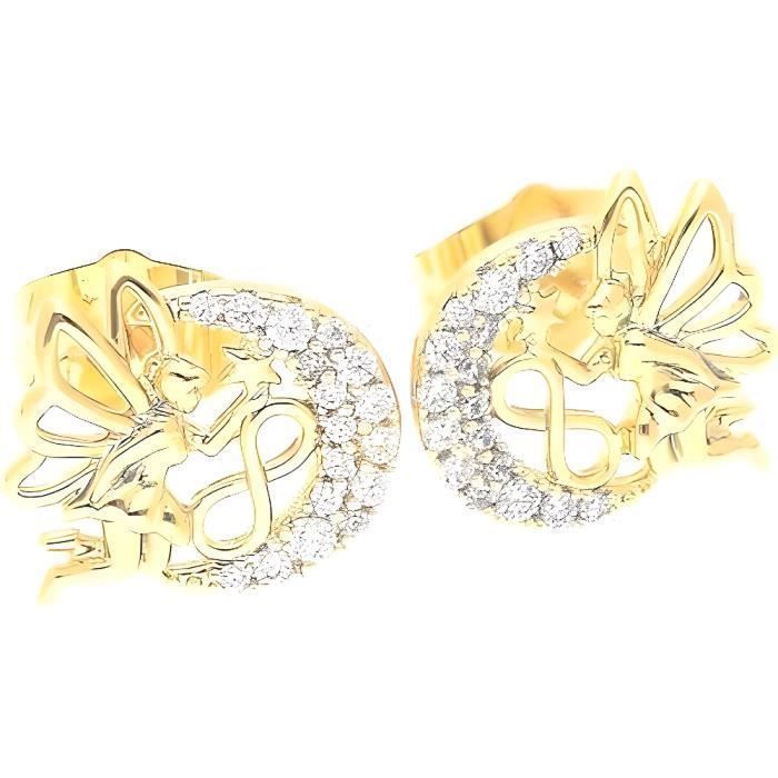 Boucles d'Oreille Puces Fée sur Lune Enfant Or Jaune 750 Laminé*