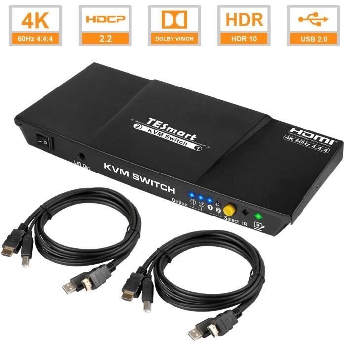 2x1 Commutateur KVM HDMI Switch 2 Ports 4K 3840x2160@60Hz 4:4:4 avec 2 Cables KVM de 5ft-1,5m Supporte Les Périphériques USB 2.0