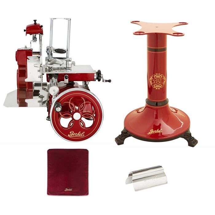Berkel - Tribute au Volant - Berkel Rouge avec Décor Doré - Volant Fleuri + Couvercle Trancheur Rouge + Pince à Jambon + Piédestal