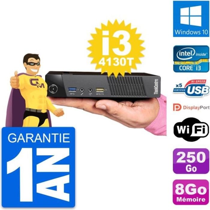 Ultra Mini PC Lenovo M93p Tiny i3-4130T RAM 8Go Disque 250Go Windows 10 Wifi