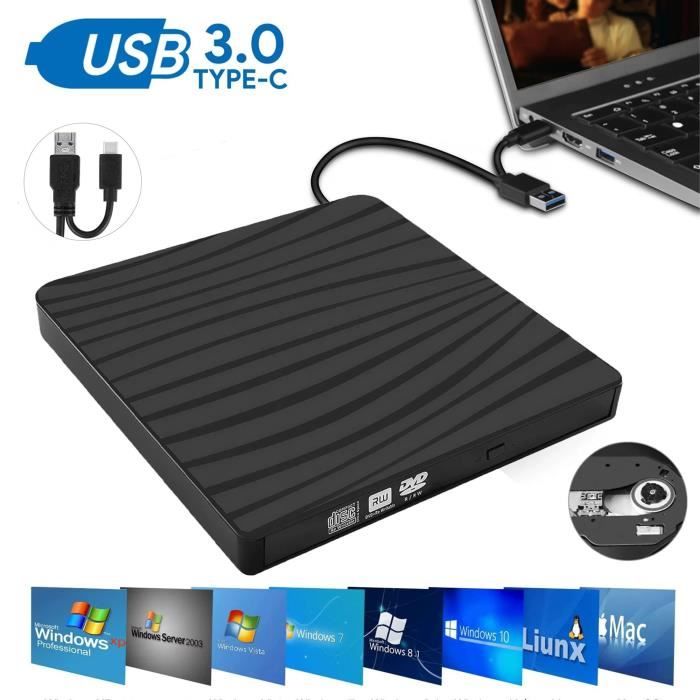 Lecteur Graveur CD/DVD Externe USB 3.0 type-C haute vitesse - Lecteur Enregistreur our Windows/MAC OS