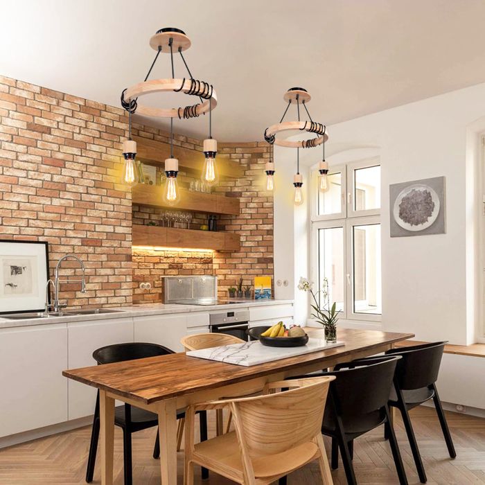IDEGU 2x 3lampes Lustre Suspension Industrielle Suspension Luminaire avec Anneau Bois 40cm Lampe Plafonnier Réglable Vintage pour