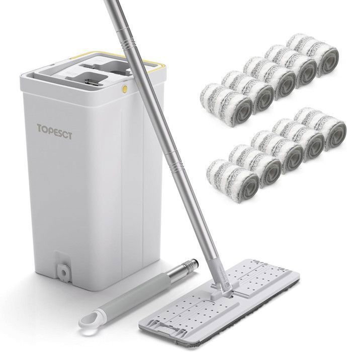Serpillière Seau EssoreurSeau Serpillere Microfibre Pour Sol avec 2 CompartimentsBalai Plat +10 lingettes microfibre réutilisable