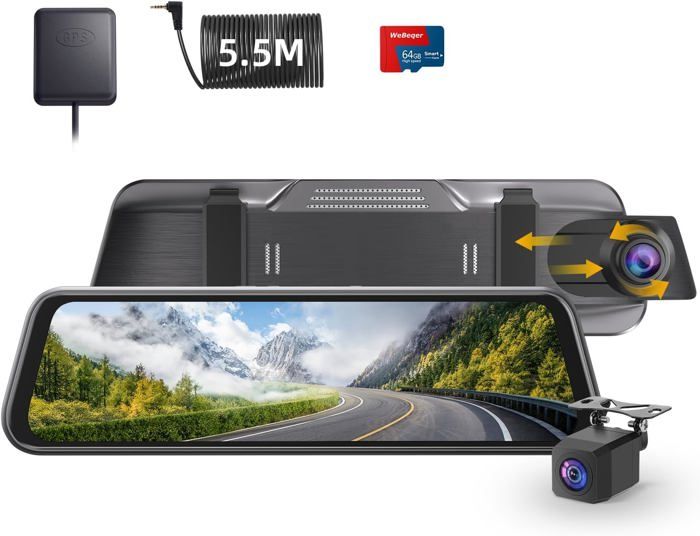 Caméra Dashcam 4K Avant + 1080p Arrière – Rétroviseur Avec écran Tactile 9,66 Pouces – GPS, Vision Nocturne, ADAS, Contrôle App – Inclut Carte 64 Go