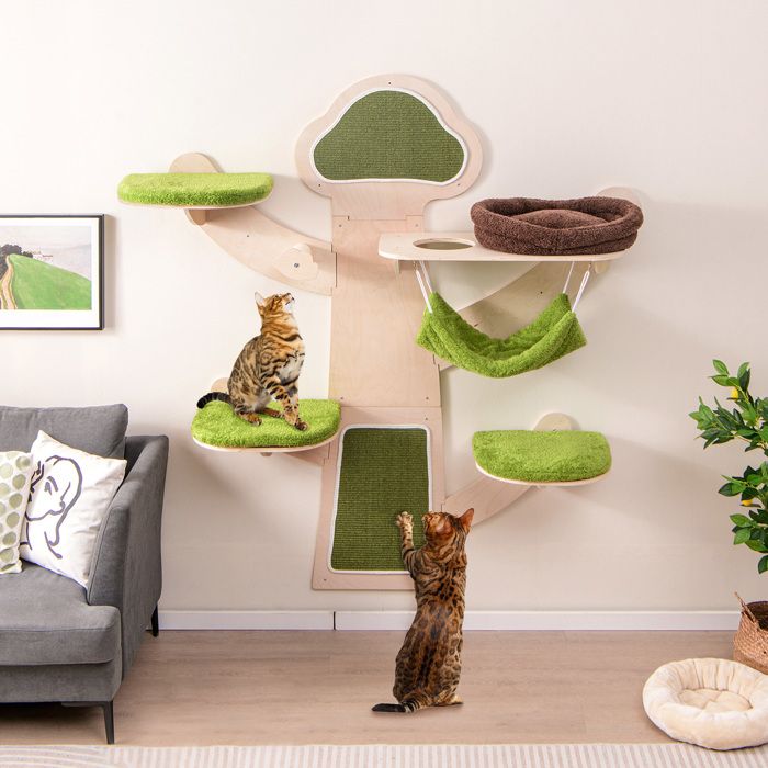Comparer les prix de COSTWAY Arbre à Chat Mural à 5 Niveaux, Etagères Murales pour Chat avec Lit, Hamac, Griffoirs et Tapis en Sisal, Coussins Lavables