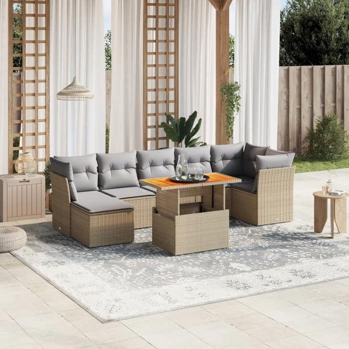 vidaXL Salon de Jardin avec Coussins 8 pcs Canapés de Terrasse Ensemble de Meubles de Patio Mobilier dExtérieur Beige 3270947
