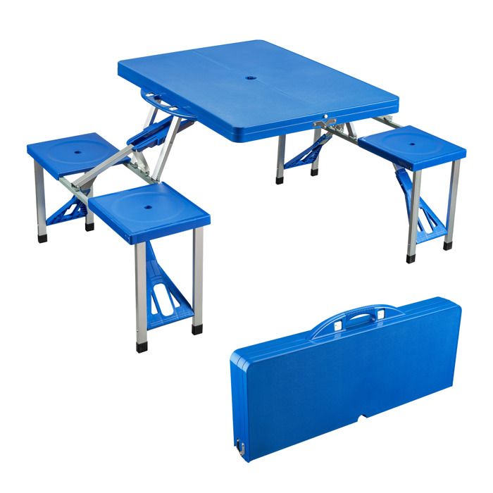 Wiltec Kit Table de camping pliante 1330 x 845 x 670 mm avec 4 sièges solidaires table portable PE-HD/alu extérieur BBQ fêtes Wiltec Kit Table de camping pliante 1330 x 845 x 670 mm avec 4 sièges solidaires table portable PE-HD/alu extérieur BBQ fêtes
