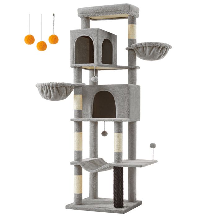 Meilleurs prix pour Grand Arbre à Chat, Tour à Chat de 190,7 cm de Haut, avec 2 Niches, 2 Paniers, 5 Griffoirs, Perchoir, Hamac, Gris Tourterelle