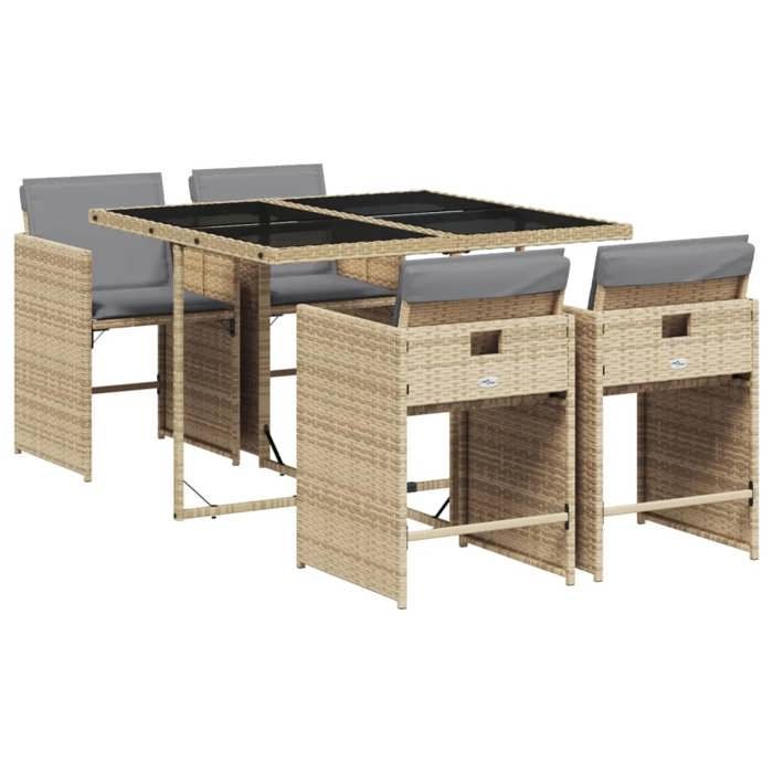 92476899& Ensemble repas de jardin coussins 5 pcsTable de jardin et 4 chaises - mélange beige rotin