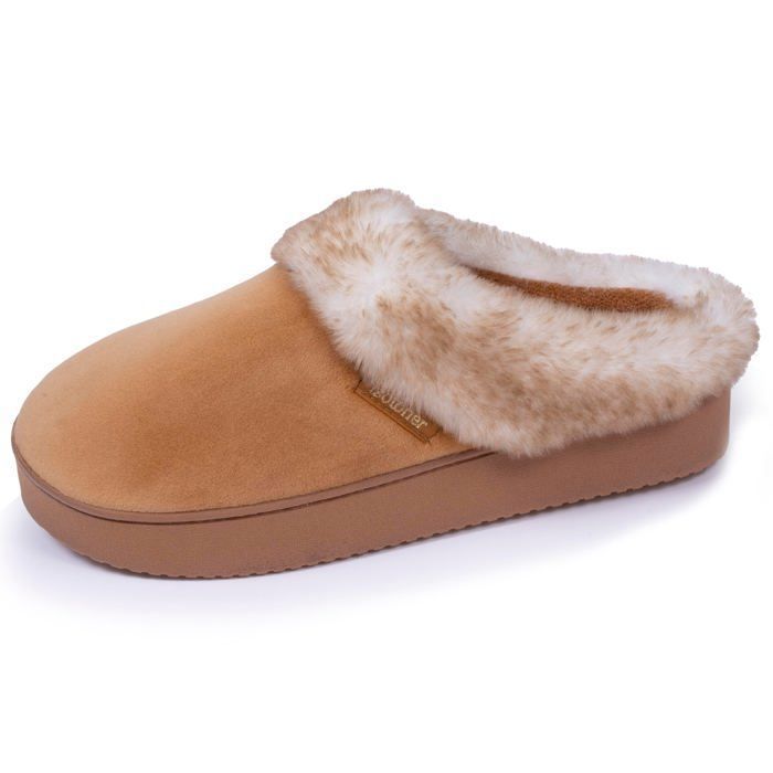 Isotoner Chaussons velours ultra doux, compensées camel femme