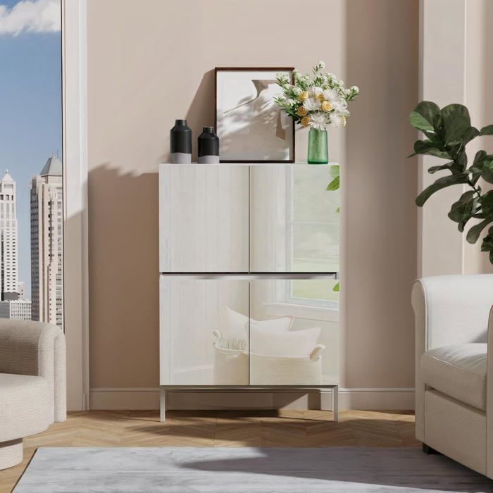 GOOBUY Meuble de Rangement à 4 Portes 80cm Armoire avec 8 Compartiments Surface Miroir Étagère Réglable 80x29x1155cm Blanc
