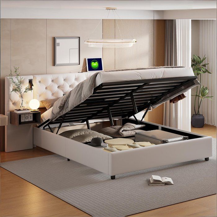 Lit coffre 160x200lit 160x200 avec sommierlit adultelit capitonnéavec liseuse port USB tissu en velours beige