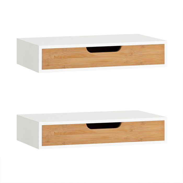 Étagère murale avec tiroir - SOBUY - 40x24x8 cm - Blanc & Nature - MDF et bambou - Capacité 5 kg - Installation facile