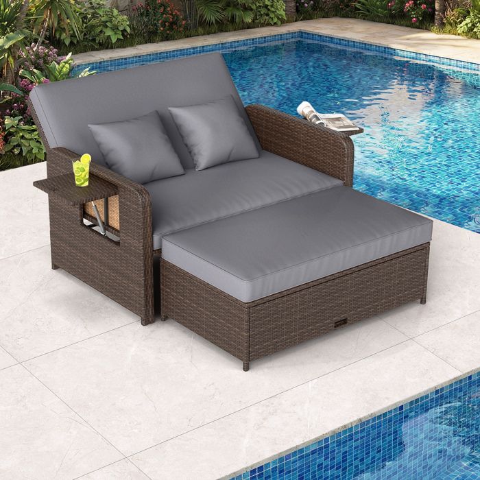 Salon de Jardin en Rotin PE COSTWAY Ottoman de Rangement Dossier Réglable à 4 Niveaux Tables Latérales Pliantes Coussins Gris Salon de Jardin en Rotin PE COSTWAY Ottoman de Rangement Dossier Réglable à 4 Niveaux Tables Latérales Pliantes Coussins Gris